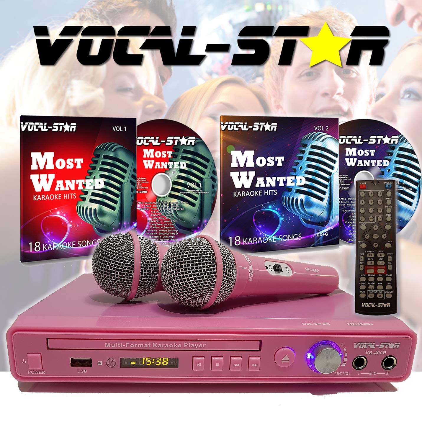 Vocal-Star VS-400 Pink HDMI Multi Format Karaoke Machine, 2 Microphone Inputs - Including Top Songs & 2 Microphones