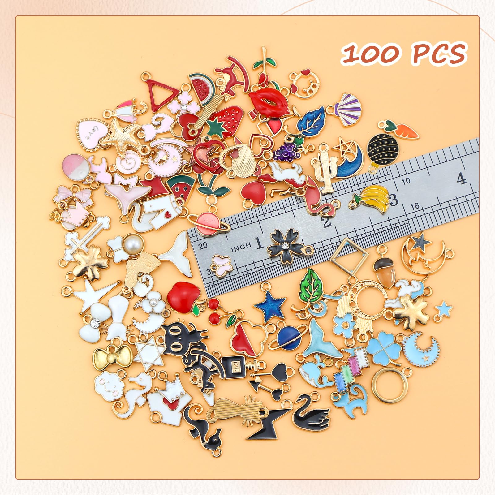 JIALEEY 100PCS Gold Plated Enamel Charms Mixed Moon Star Fruit Animal Charm Colorful Pendant DIY for Necklace Bracelet Jewelry Making and Crafting