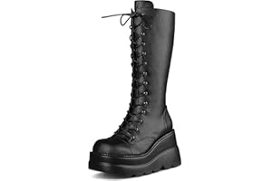 CELNEPHO Womens High Platform Mid Calf Wedges Chunky High Heel Round-Toe Side Zip Punk Combat Boots For Women