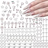 110Pcs Alloy Dangle Silver Nail Charms and Gems, Star Cherry Cross Planet Bows Butterfly Pink Gems Nail Charms Silver Nails Art for Nails DIY Accessories Supplies