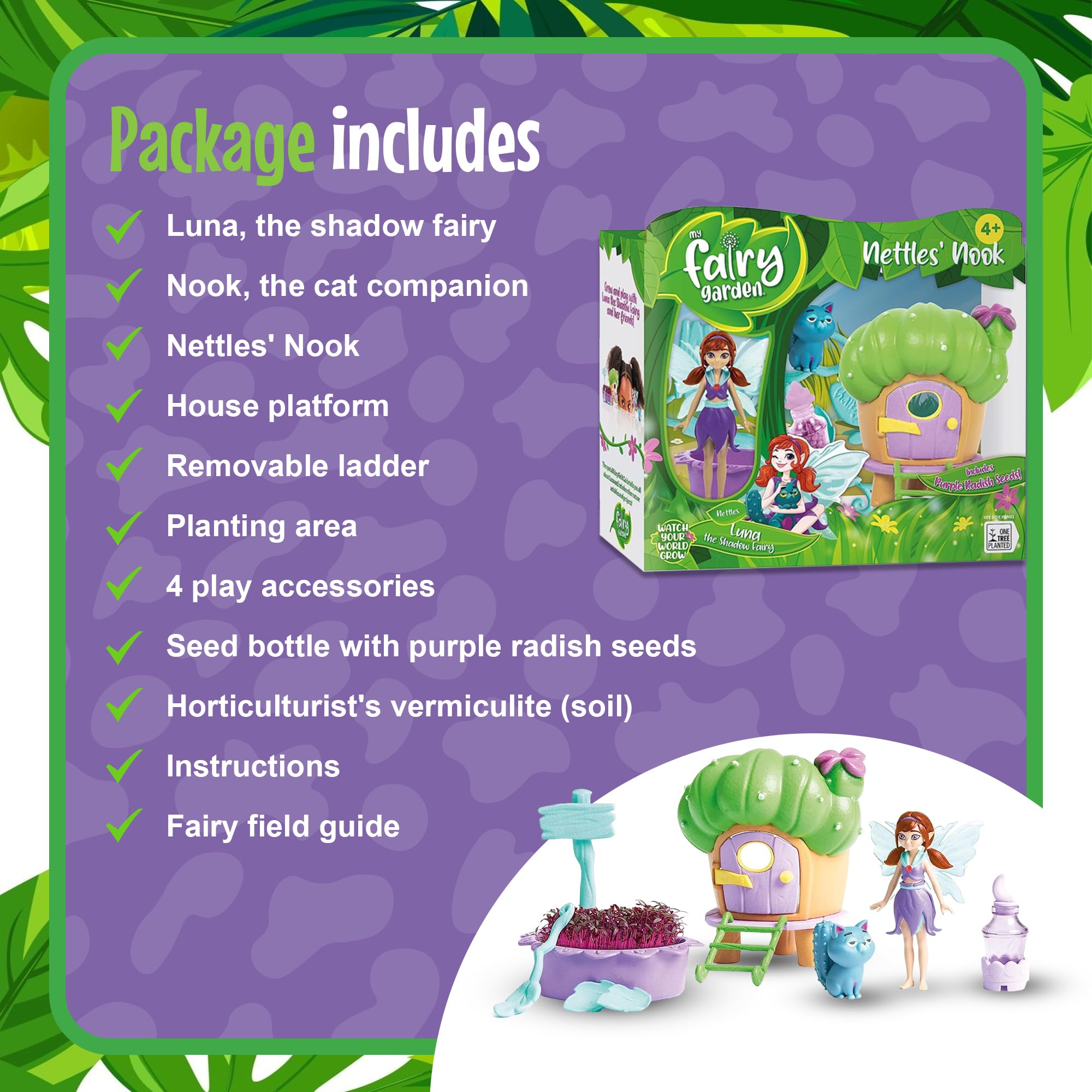 My Fairy Garden Nettles’ Nook Mini Terrarium- Tiny Garden with Shadow Fairy & Cat Doll - Grow Your Own Mini Garden Kit - Educational Playset with Soil, Seeds & Fairy Field Guide for Kids Aged 4 and Up