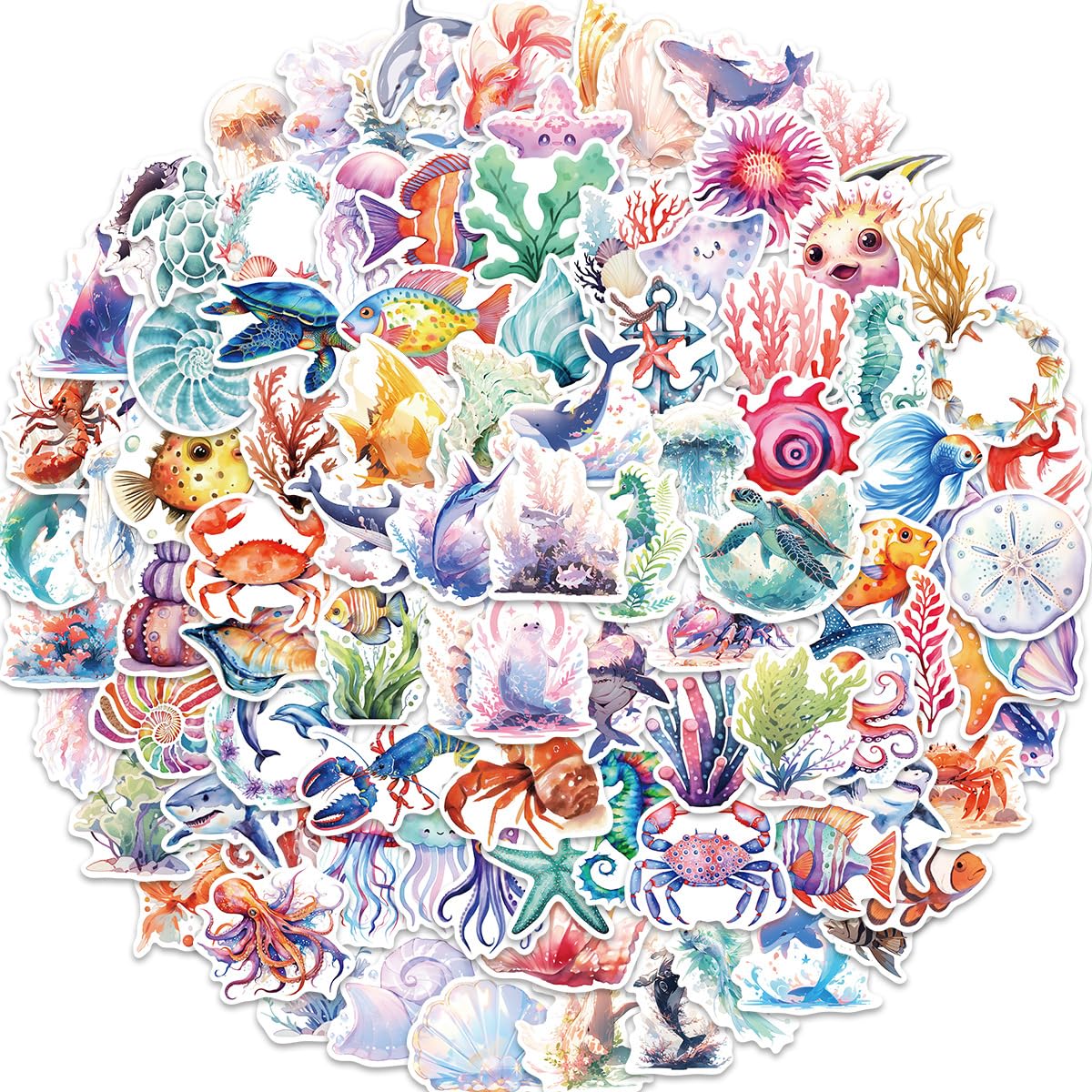 100Pcs Watercolor Marine Animals Stickers Laptop Car Scrapbook Phone Skateboard Suitcase Luggage Bike Stickers Vinyl Waterproof Aesthetic Personalised Stickers for Teens Boys Girls Adults Children