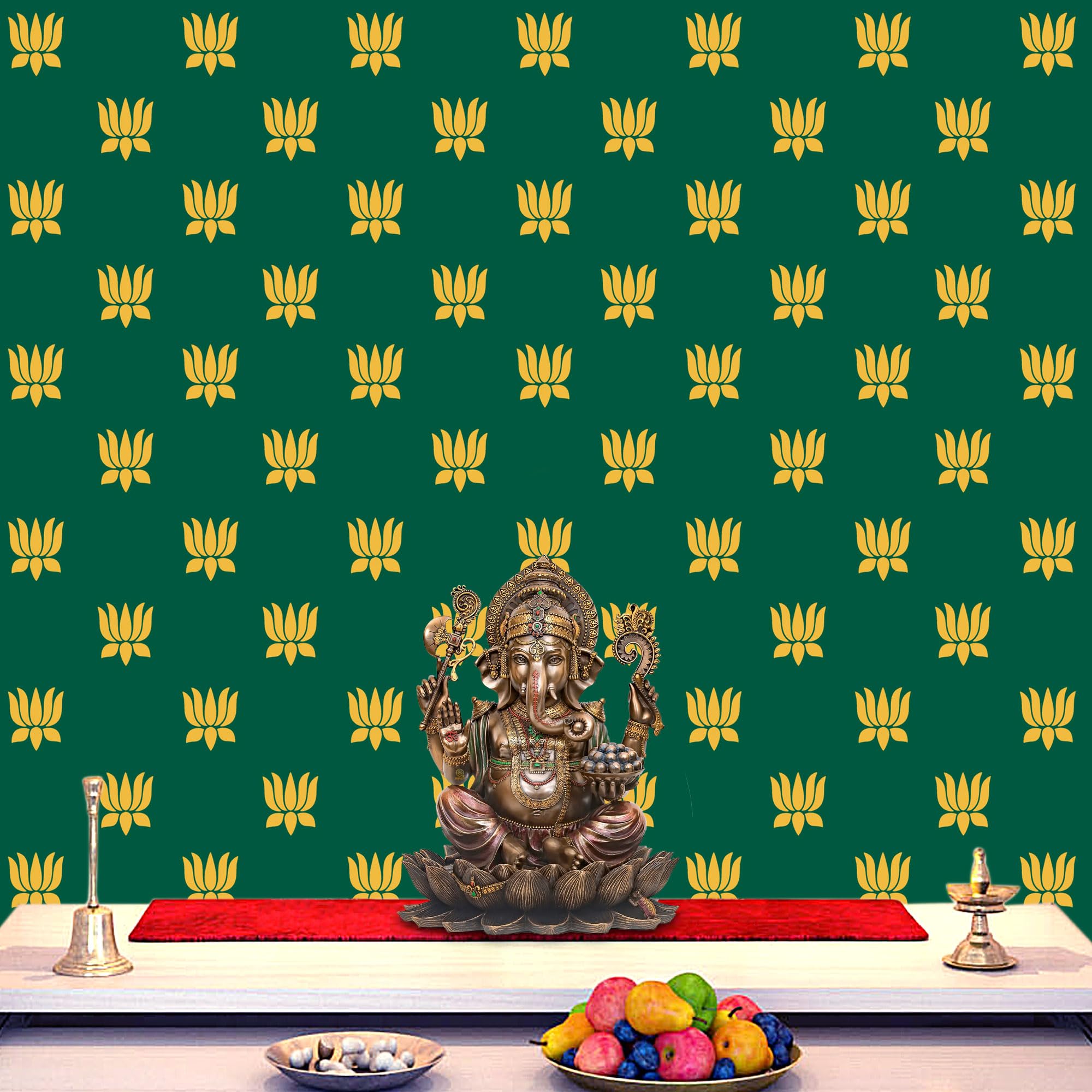 Photo 1 of SATVIK 8x4ft. Green Indian Pooja Décor Lotus Marigold Garland Traditional Puja Diwali Pujan Cloth Backdrop Mehndi Festival Flower Bridal Baby Shower Wall Banner