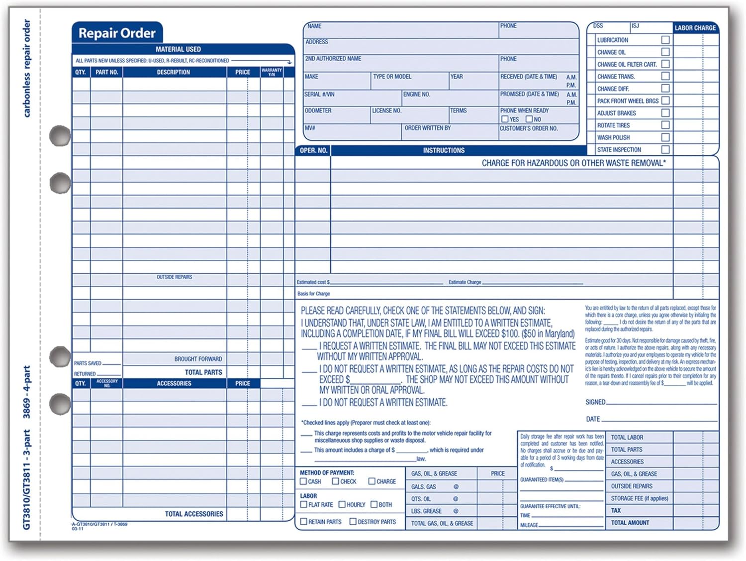Adams Garage Repair Order Forms, 8.5 x 11.44 Inches, 3 Part, 50 Sets, White and Canary, (GT3810