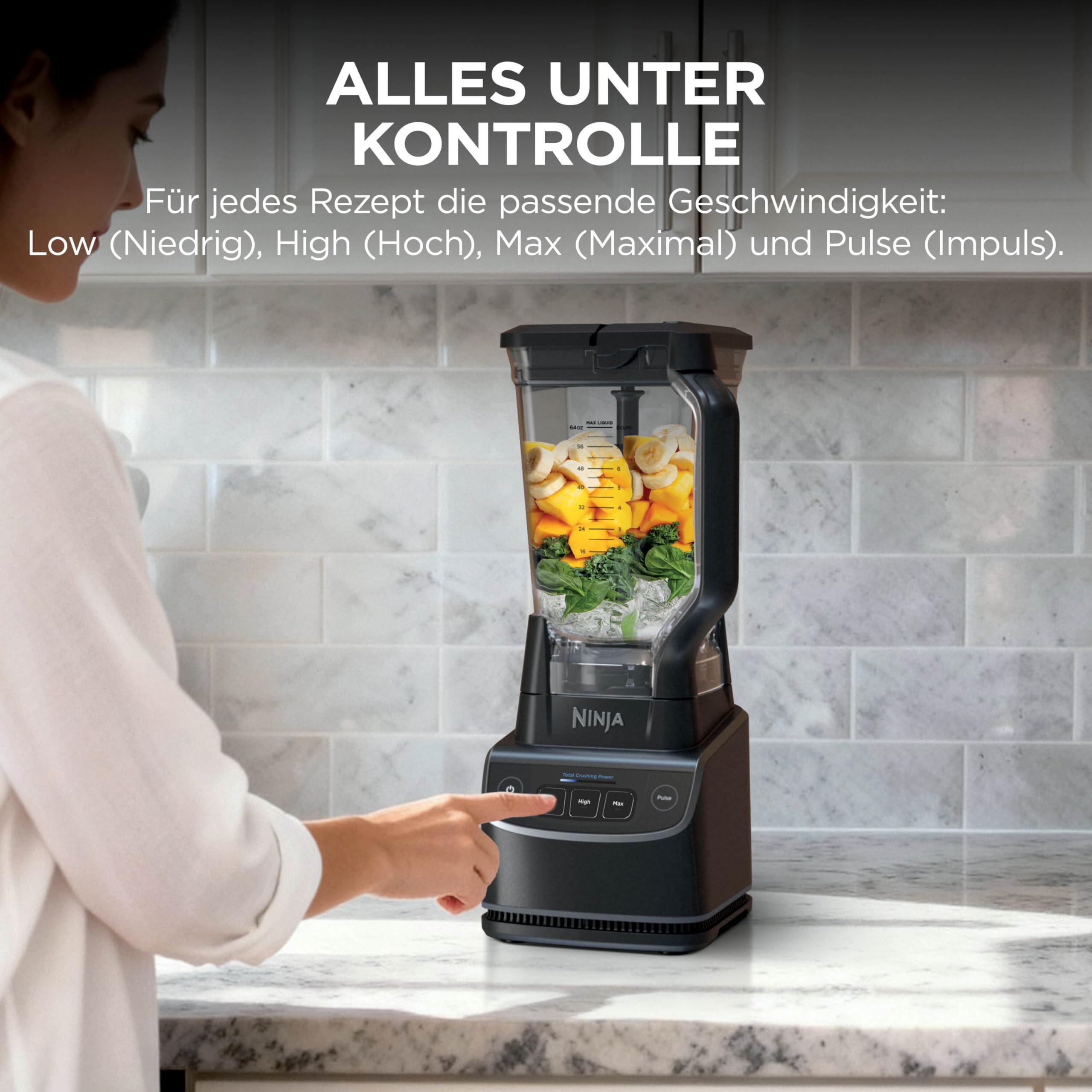 Ninja UltraCrush Mixer, 3 Geschwindigkeitsstufen, manueller Modus Impuls, Gefäß mit 1,9 Liter Fassungsvermögen für Flüssigkeiten, zur Zubereitung von Smoothies, Dips, Soßen und mehr, Schwarz BP201EU 6