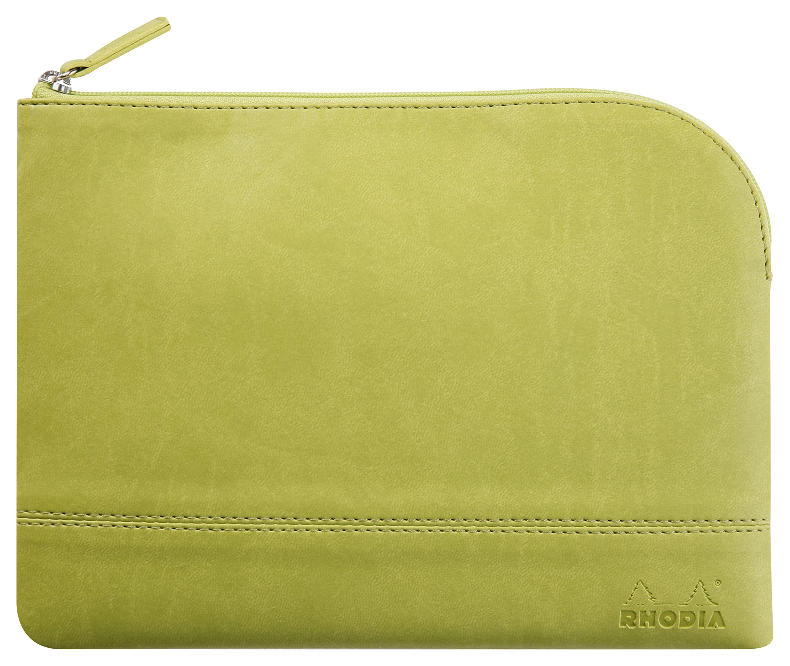 RHODIA 116631C - Faux Leather Zippered Pouch - Anise - Size M (16 x 22 cm) - Genuine Stitching - Orange Fabric Inside - Storage for Documents, Small Supplies — image 1