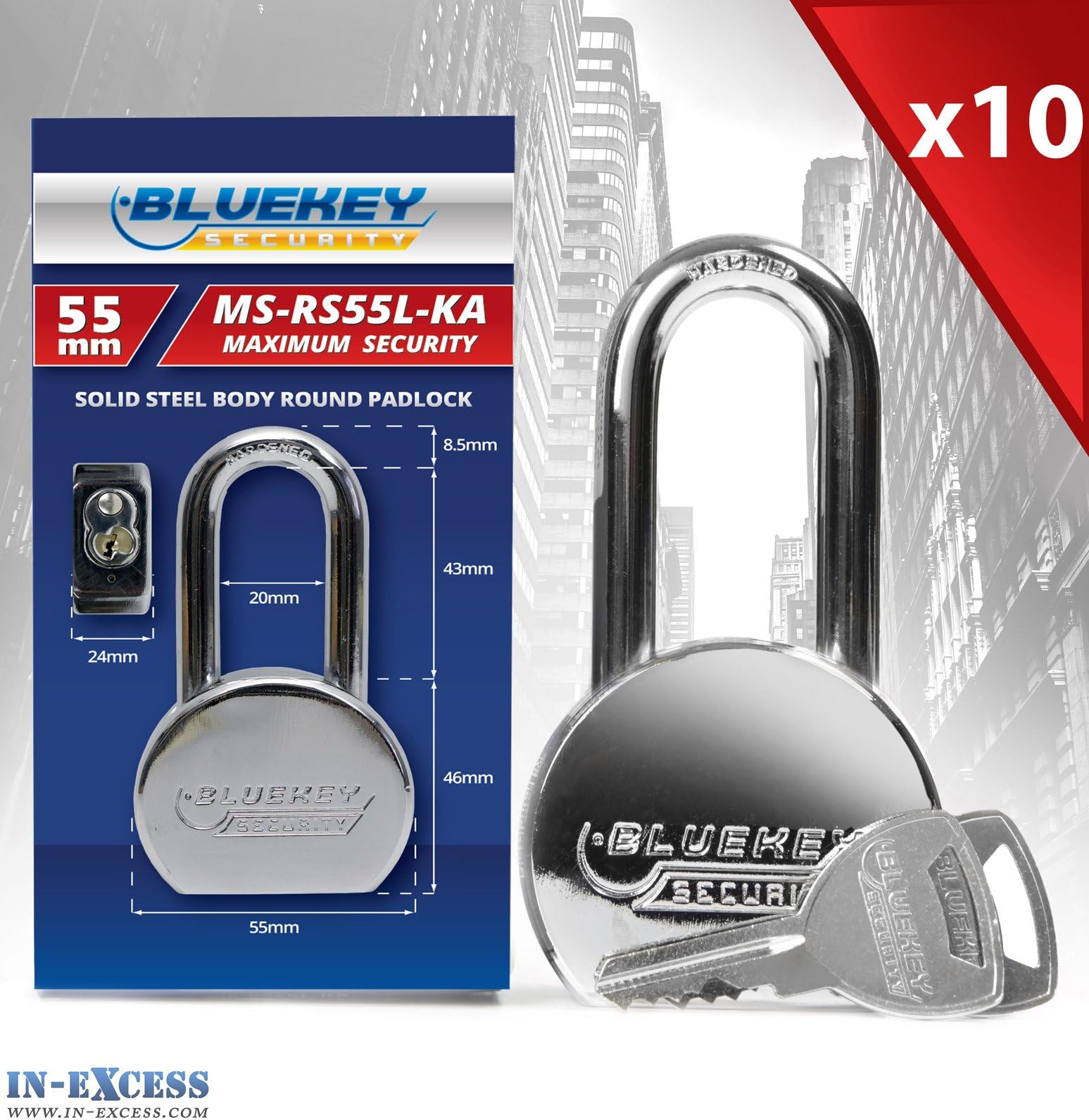 10 x Bluekey Steel Body Round Long Shackle Keyed Alike 55mm Padlocks MS-RS55L-KA