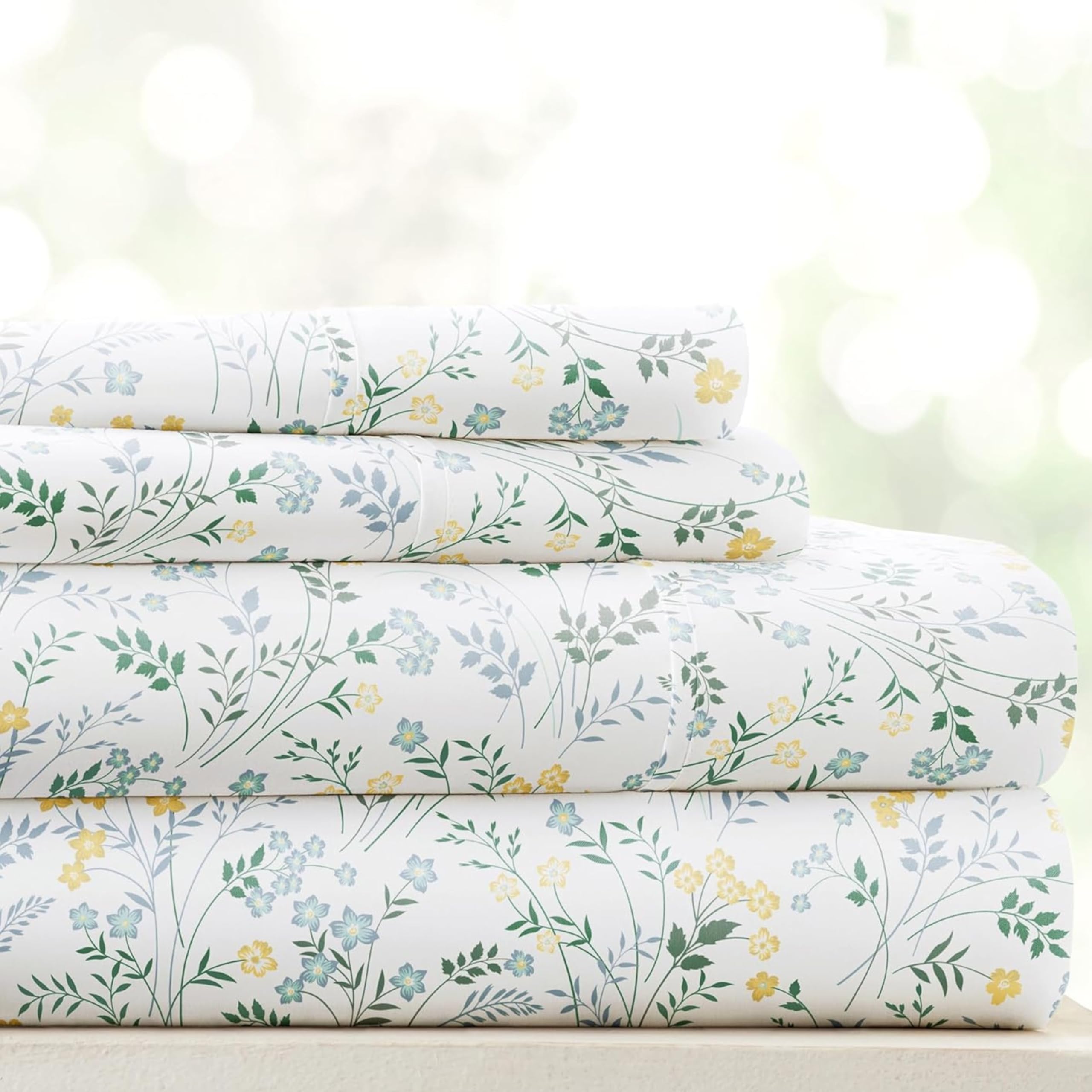 Linen Market 4 Piece Queen Sheet Set - Breathable, Double-Brushed Patterned Cooling Sheets – Oeko-TEX Certified Ultra Soft & Wrinkle-Free 16" Deep-Pocket Queen Sheets - Easy Care Wildflower Blue Image