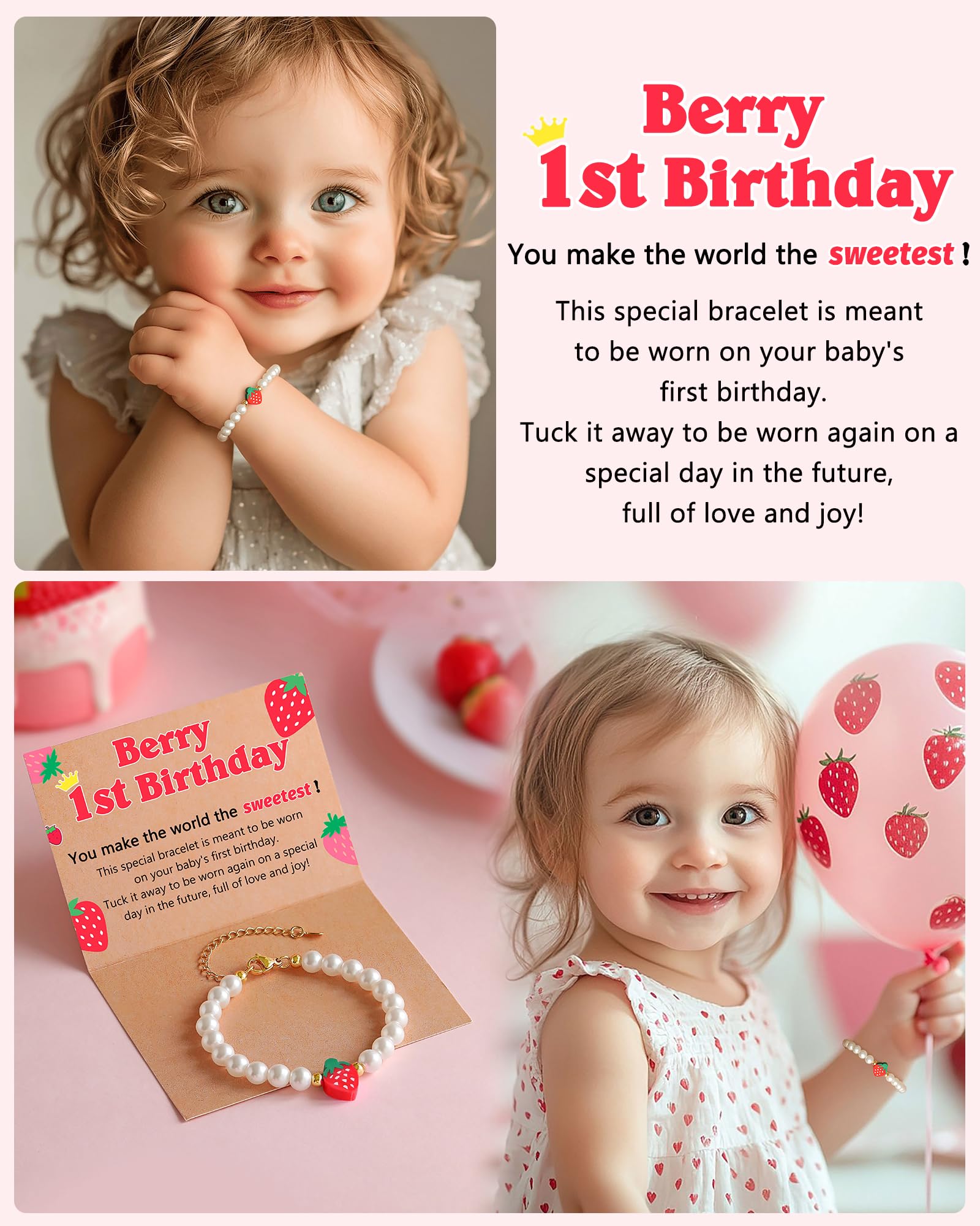 Berry First Birthday Gifts, Adjustable Strawberry Pearls Bracelet for Daughter Niece Granddaughter