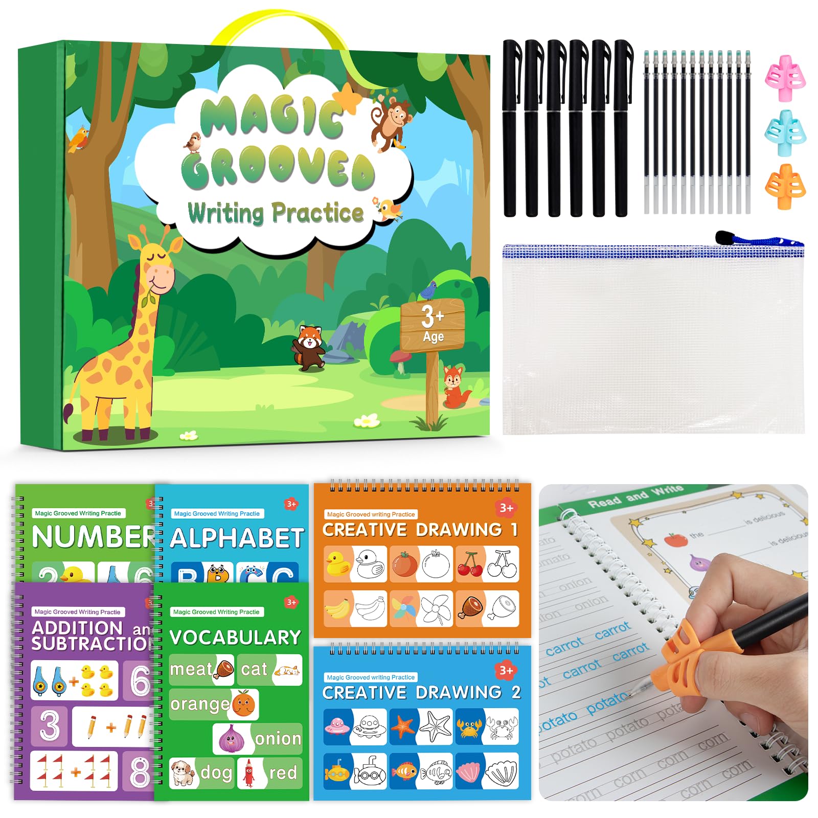 Photo 1 of ***MISSING PENS***Hoarecal Magic Grooved Writing Practice Book for Kids Ages 3–8, 6 Reusable Handwriting Practice Books with 6 Pens, 12 Refills, 3 Soft Grips, Preschool Learning Activities Gifts for Boys and Girls***MISSING PENS***