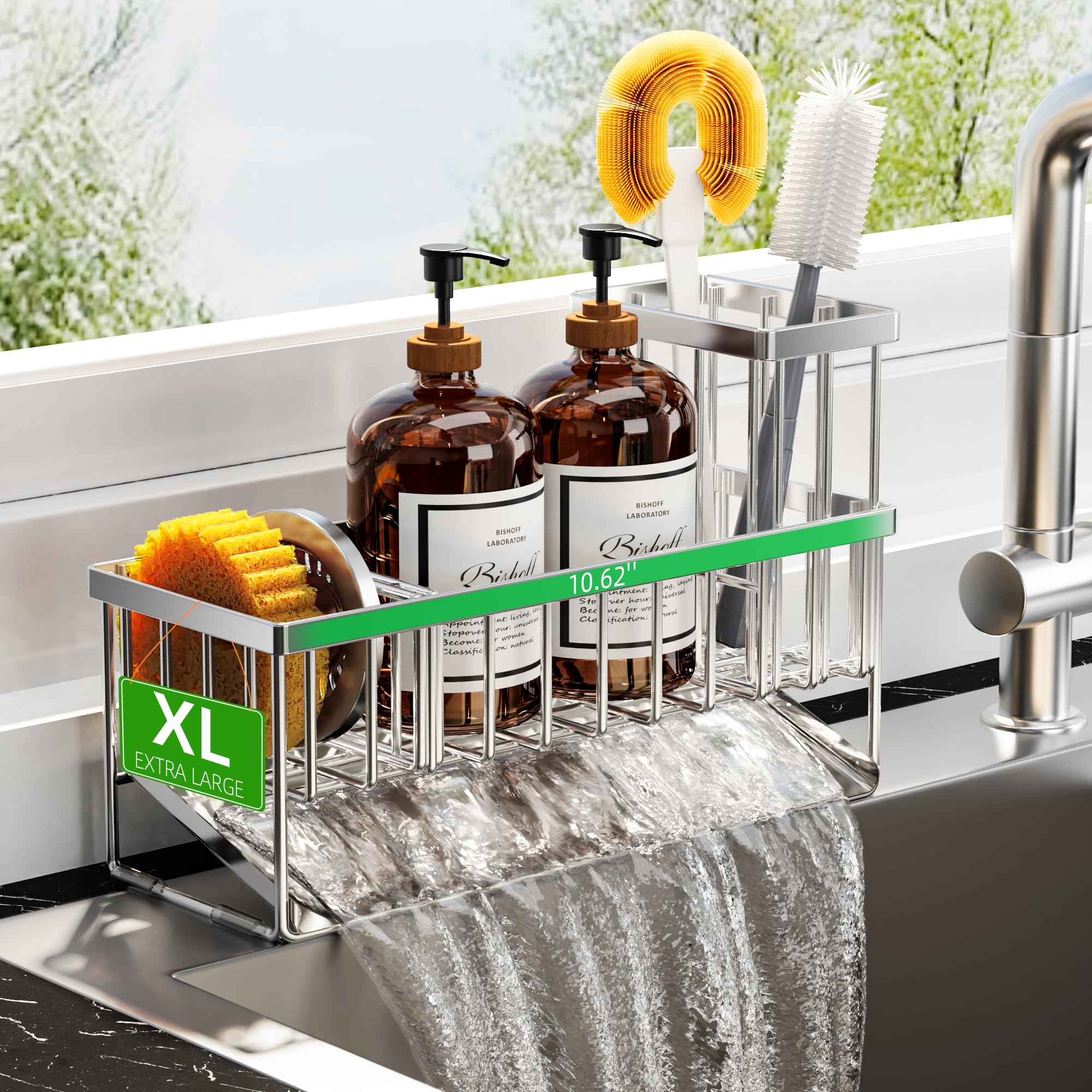 Photo 1 of (used)(incomplete) Cisily Extra Large Silver Kitchen Sink Caddy Organzier with High Brush Holder, Sponge Holder for Sink, 304 Rustproof Stainless