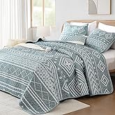 Yiran Grayish Blue Boho Quilt Set Queen Size, Stripe Bedspreads Bedding Set, Aztec Bohemian Lightweight Coverlet Set with 2 Shams for Bed 96x90 Inch