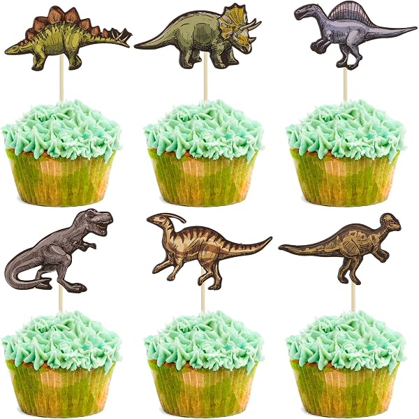 Arthsdite 48 Stück Dino Cupcake-Topper – Gold-grüne Glitzer-Dinosaurier, Vormontiert Für Kinderparty
