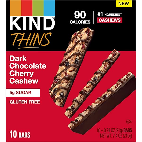 KIND THINS SNACK BARS, DARK CHOCOLATE CHERRY CHASHEW, GLUTEN FREE, LOW CALORIE, HEALTHY SNACKS, 5G SUGAR, 10 COUNT