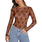 KTILG Womens Lace Long Sleeve Boat Neck Tops Sheer Blouse Sexy See Through Shirt Mesh Top S-XXL