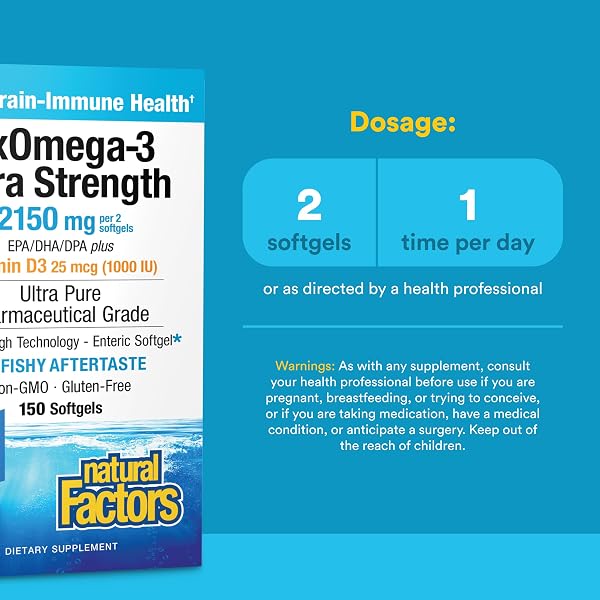 NATURAL FACTORS RXOMEGA-3 ULTRA STRENGTH – BRAIN & HEART HEALTH SUPPORT – EYE HEALTH SUPPLEMENT WITH EPA & DHA – SUPPLEMENT WITH OMEGA-3 FATTY ACIDS & VITAMIN D3-150 SOFTGELS (75 SERVINGS)