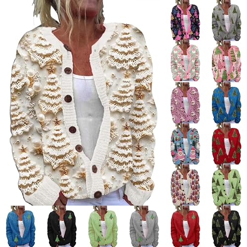 black coat,Cozy Cardigans For Women UK Christmas Print Long Sleeve V-Neck Chunky Sweaters Button Down Cable Knit Cardigan Funny Graphic Coats Ladies Fashion Jumpers,fall outfits for women,S Beige