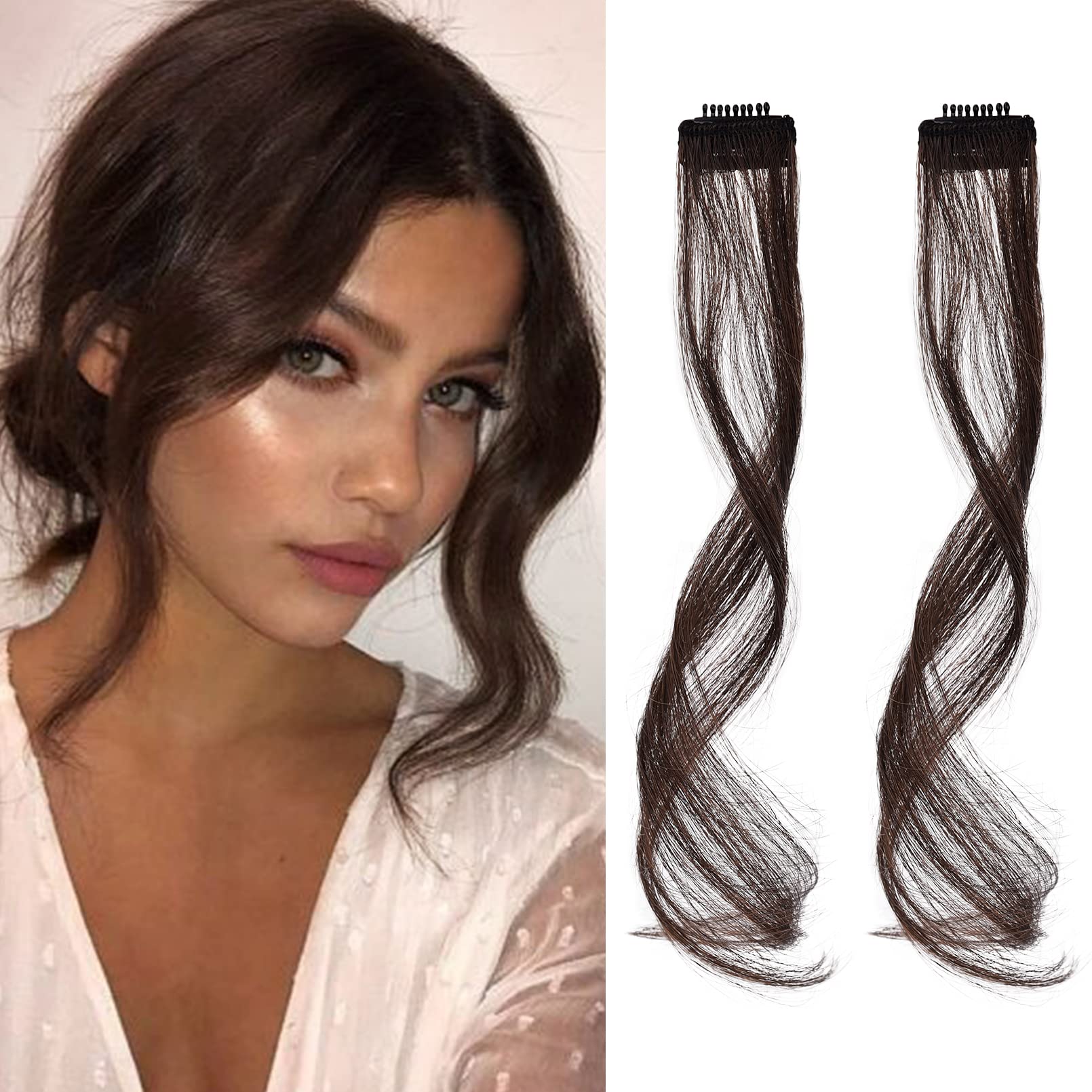 Photo 1 of REECHO Long Side Air Bangs, Wavy Curly Clip in Curtain Bangs Front Side Bangs Face-Framing Highlights for Women Daily Use 2 PCS Set Long Temples-Dark Chocolate Brown