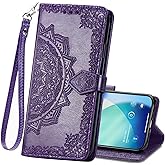PAOBIR for iPhone 17 Case Wallet,PU Leather Flip Cover with Card Slots, Wrist Strap,Magnetic Kickstand Mandala Flower Embossed Design for Men Women for iPhone 17 Purple