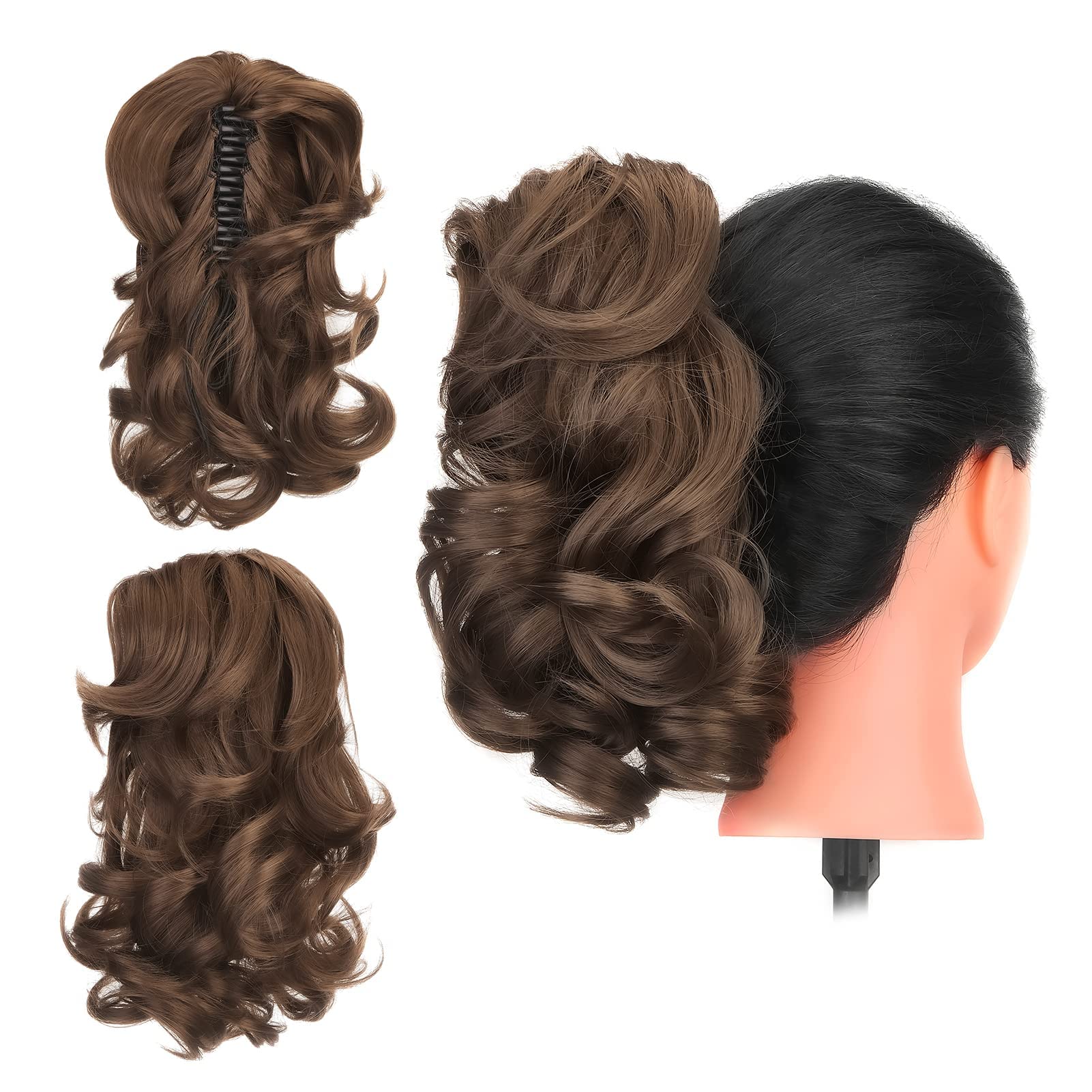 Gairyan 12" Clip in Ponytail Hair Extensions Curly Ponytail Extension Claw on Pony tails Wavy Synthetic Hairpieces for Women Real Look Short Wave (Dark Brown & Dark Auburn) — image 1