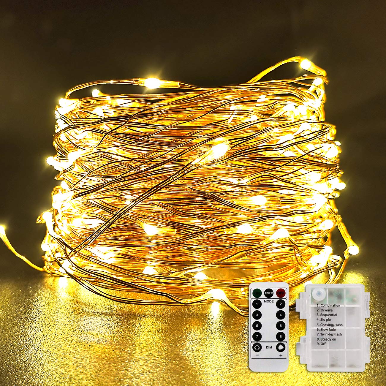Fitybow 66Ft 200 LEDs Fairy String Lights Battery Operated Outdoor Waterproof 8 Modes Dimmable Remote Control Christmas Decor Lights Copper Wire Firefly Lights for Bedroom Party Patio Wedding