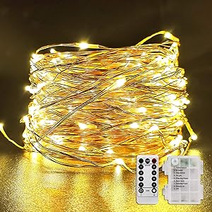 Fitybow 66Ft 200 LEDs Fairy String Lights Battery Operated Outdoor Waterproof 8 Modes Dimmable Remote Control Christmas Decor Lights Copper Wire Firefly Lights for Bedroom Party Patio Wedding
