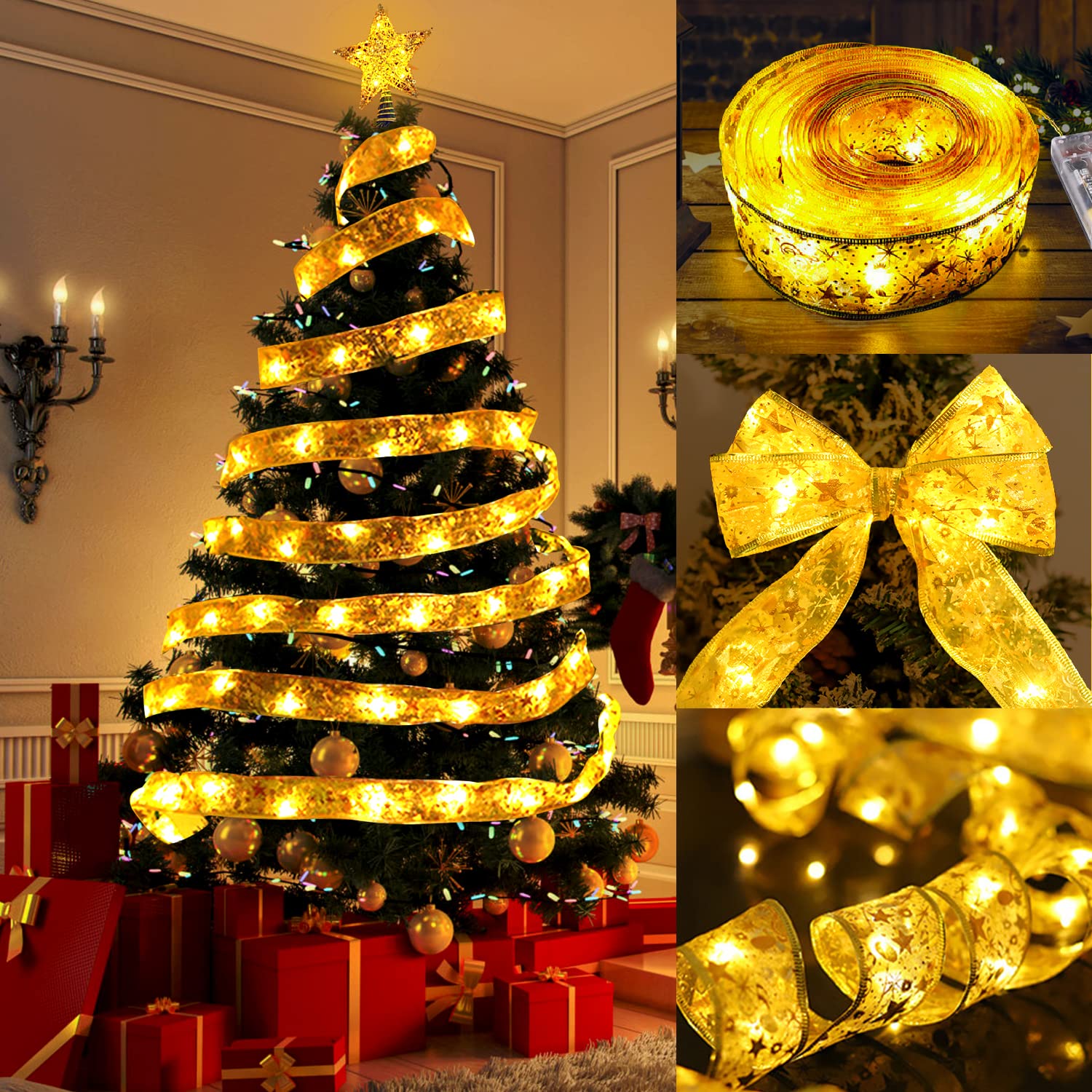 DTYDECLE Christmas Ribbon Lights, 13ft 40 Light Gold Warm Fairy Light Xmas String Light Up Ribbon Bows for Indoor Christmas Holiday Party Decoration Supplies