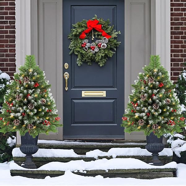 LAVEVE 34″ PRELIT SMALL CHRISTMAS TREE WITH LIGHTS, BATTERY OPERATED XMAS TREE WITH PINE CEDAR CONES & BERRIES, FROSTED URN FILLER, 50 LED WARM LIGHTS WITH TIMER, OUTDOOR FOR PORCH AND PATHWAY, 2 PACK