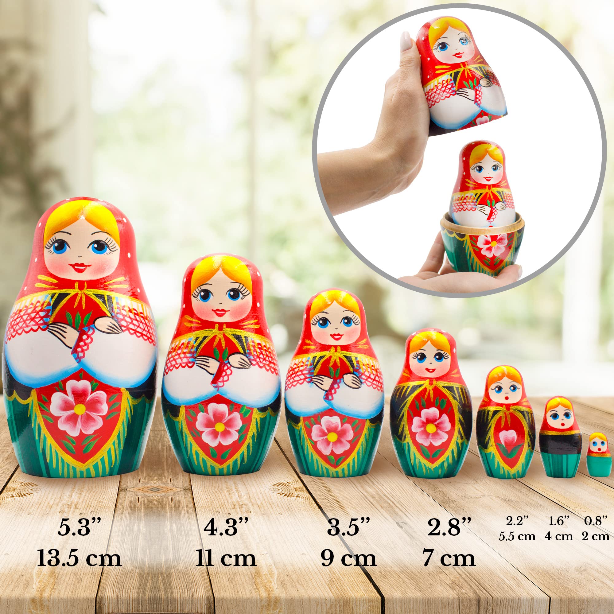 AEVVV Russian Nesting Dolls Set of 7 pcs - Matryoshka Doll in Belarussian Traditional Sarafan Dress with Ornaments - Handmade Baboushka Nesting Dolls