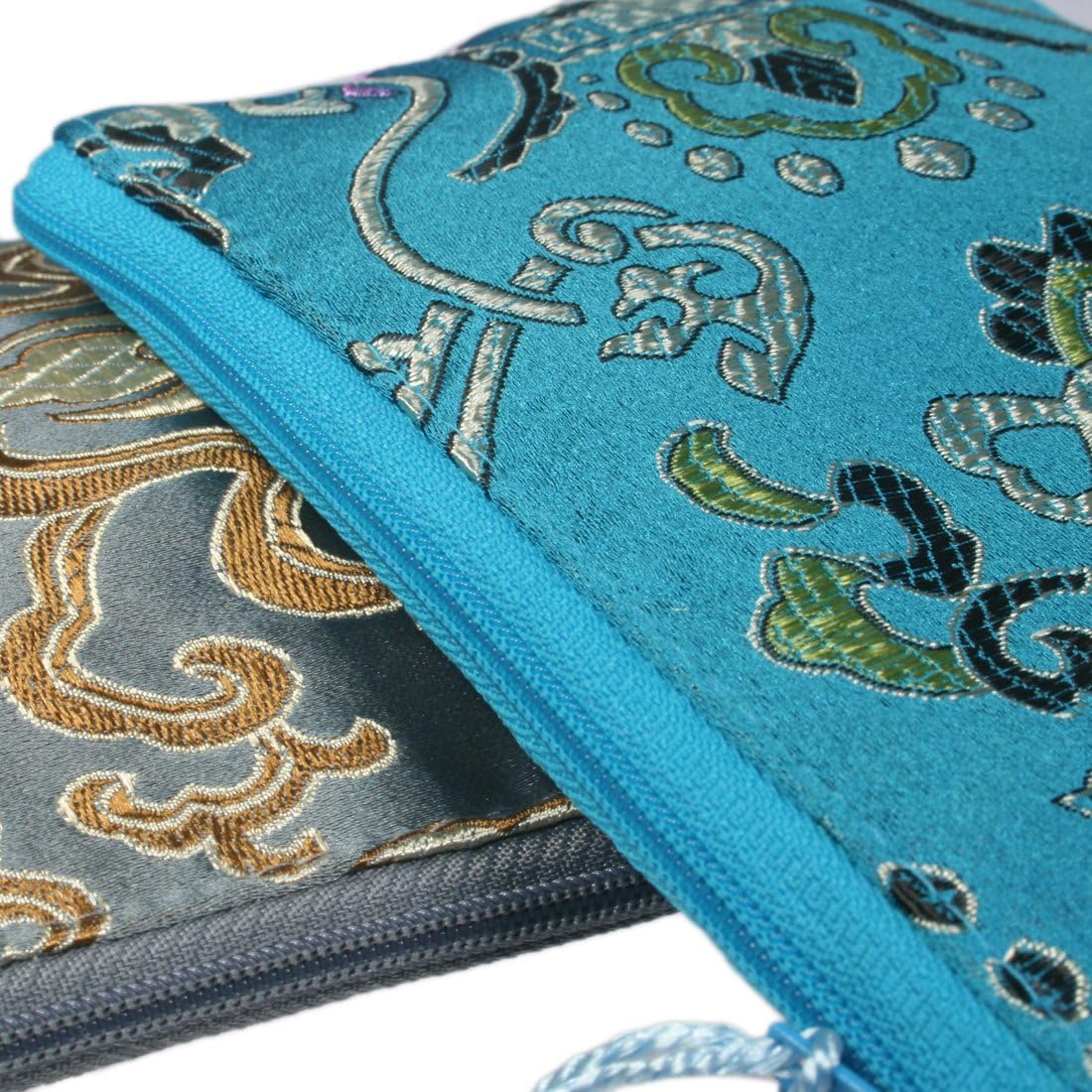 kilofly Chinese Silk Brocade Padded Tassel Zipper Jewelry Pouch Bag, Set of 2, Set2 B, 6 inch - Image 4