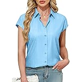 Ruisin Womens Linen-Look Cap Short Sleeve Button Down Shirts for Women Blouses Collared Shirt Summer Tops Wrinkle Resistant