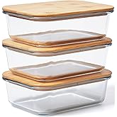 Prosumer's Choice Glass Containers with Bamboo Lids, 36oz - Set of 3 Stackable Food Storage with Wood Lids - Lunch Meal Prep Container Box - Made of Borosilicate Glass - with Silicone Ring