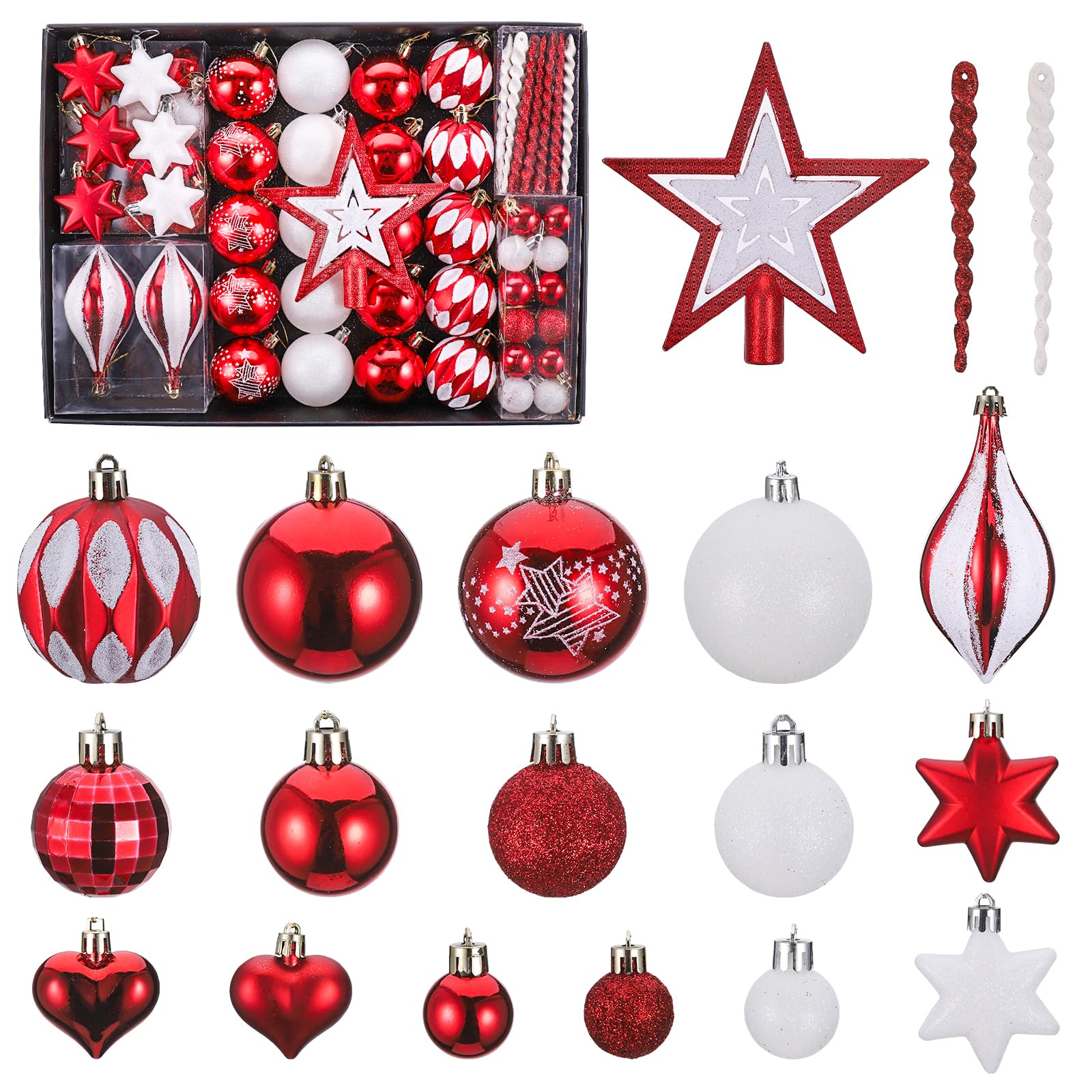 Zocipro 82Pcs Red and White Christmas Baubles, 4/5/6.5cm Shatterproof Christmas Ball Ornaments Set, Xmas Tree Decorations with Star & Lanyard