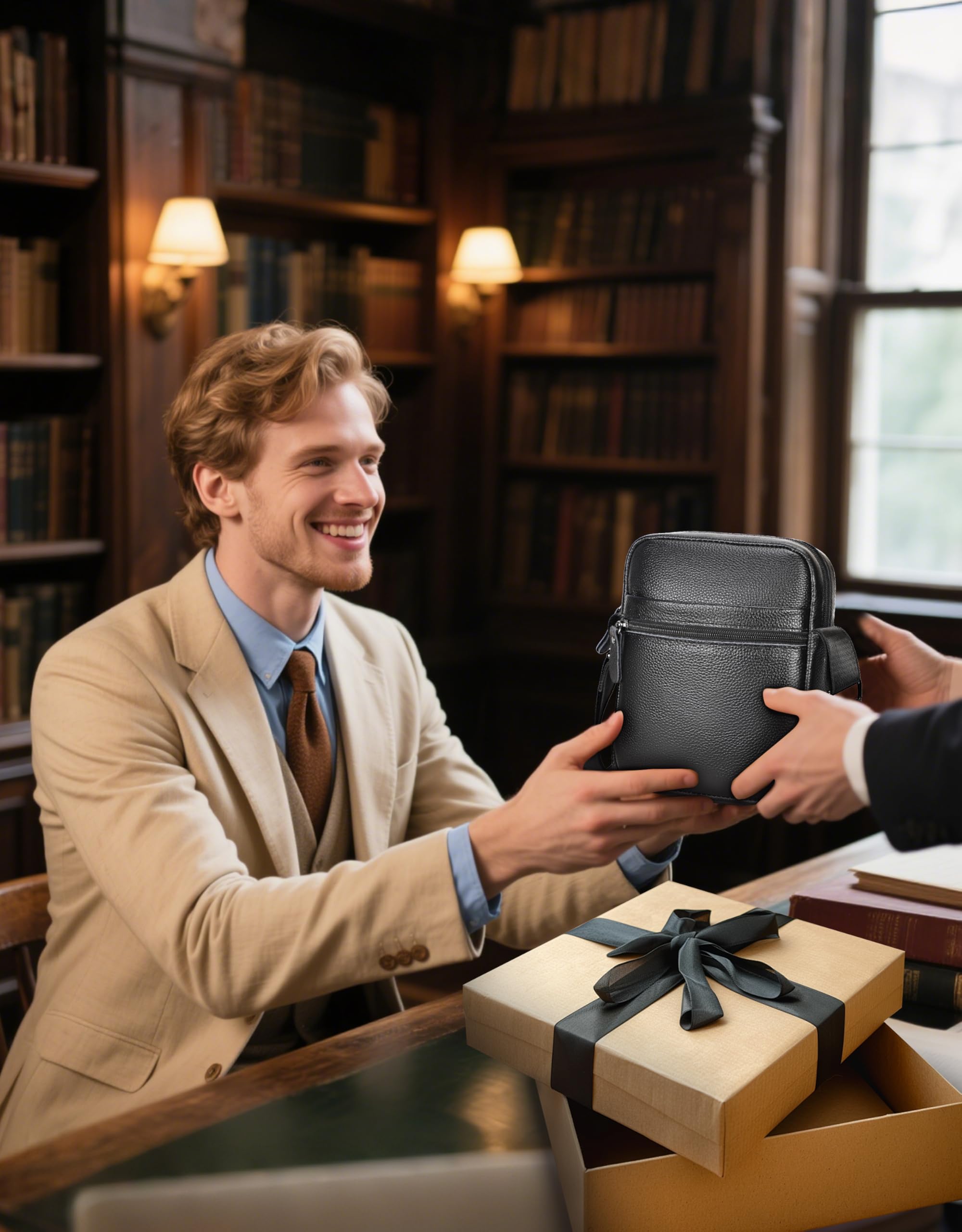 Leathario Men's Crossbody Shoulder Bag, Genuine Leather Small Messenger Satchel for Work Business Travel, Black Side Purse