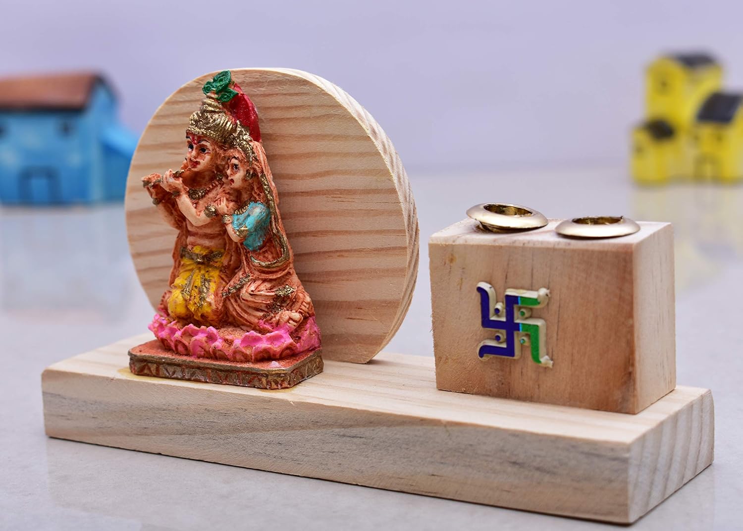 Kunhar Wooden Pen Stand Radha Krishna Statue Idol/Wooden Desk Organizer