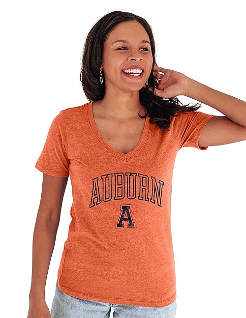 Blue 84 Auburn Tigers Women's Tri-Blend T-Shirt Vintage Arch Over Secondary Color, Orange, Medium