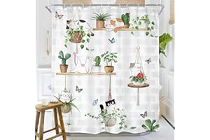 Riyidecor Cat Hanging Potted Plants Shower Curtain for Bathroom Decor 60Wx72H Funny Botanical Bracketplant Cute Kitty Lovely Pets Leaves Art Printed Fabric Polyester Waterproof 12 Pack Plastic Hooks