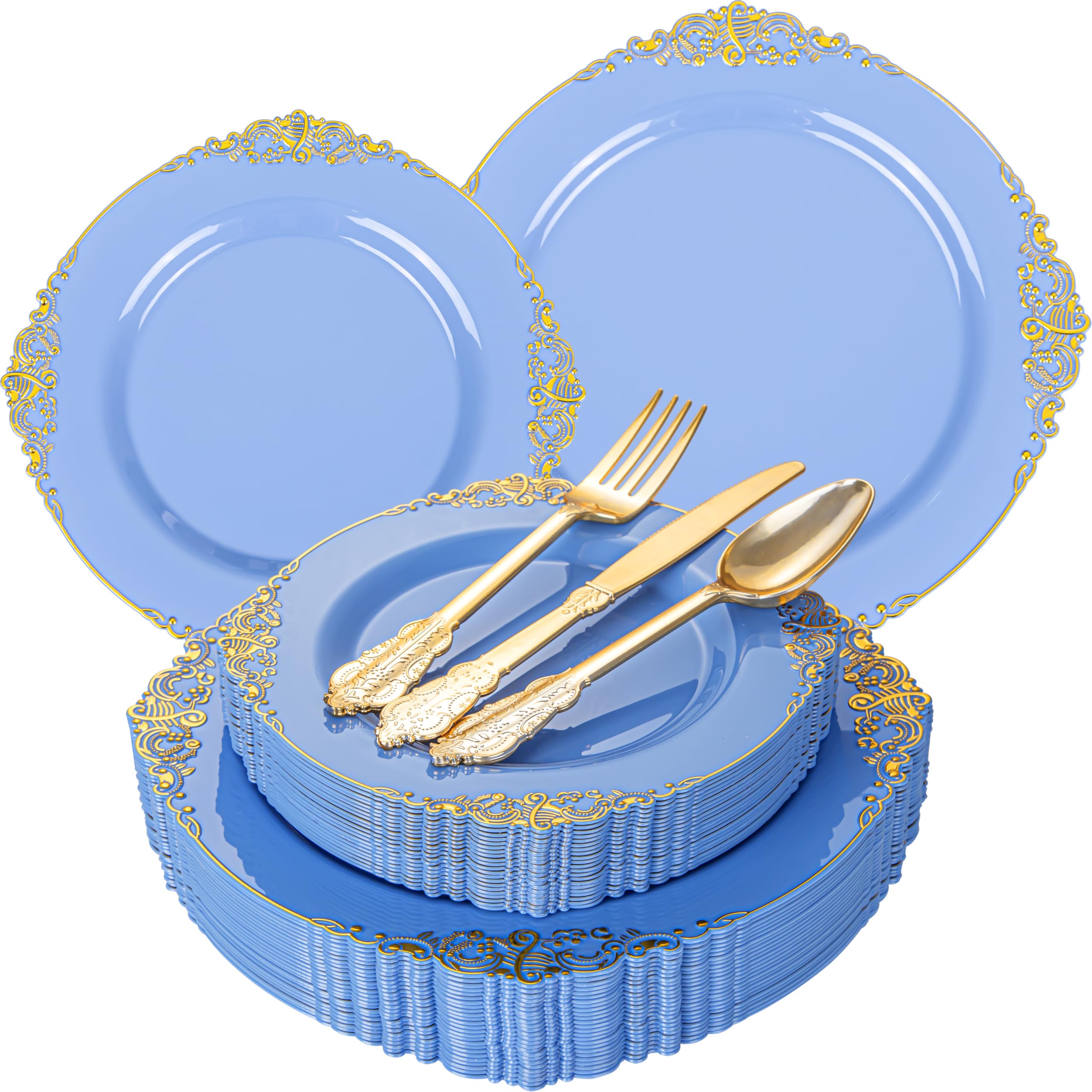 Photo 1 of Joyido 125PCS Blue and Gold Plastic Plates - Airy Blue Disposable Plate - Gorgeous Plates with Gold Plastic Silverware Sets for 25 Guests for Party & Wedding & Spring
