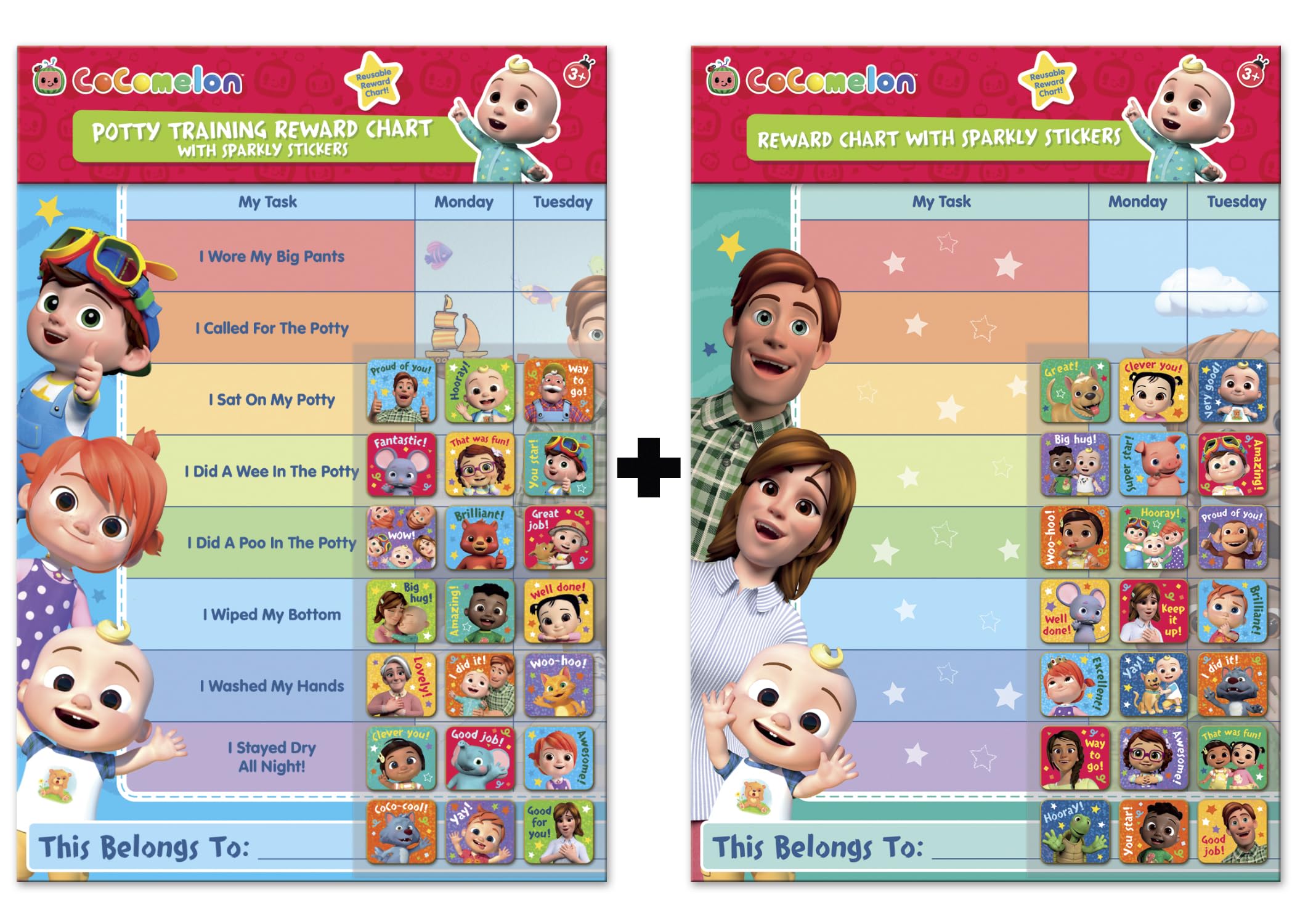 Paper Projects CoComelon Reward & Potty Chart Bundle Pack – Everyday Reward Chart and Potty Training Reward Chart | Official Licensed Product | Includes Reusable Stickers