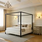 Merax King Canopy Bed with Black Metal Frame and Plush White Boucl&eacute; Upholstery, Modern Four-Poster Bed with Sturdy Wooden Slat Support for Bedroom