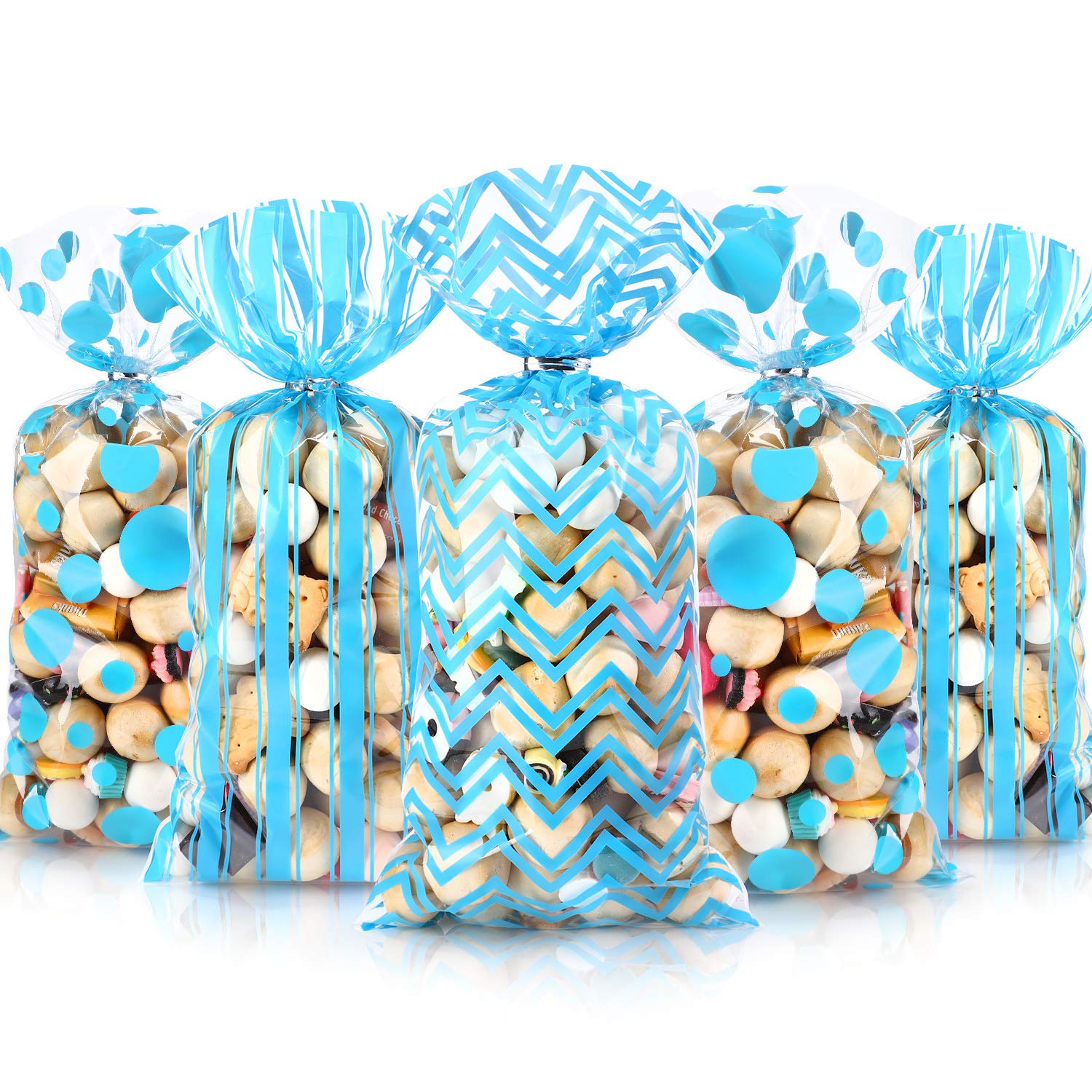 105 Pieces Baby Shower Cellophane Treat Bags, Polka Dot Stripes Chevron Printed Pattern Plastic Goodie Candy Bags with 100 Silver Twist Ties for Christmas New Year Birthday Party Decorations