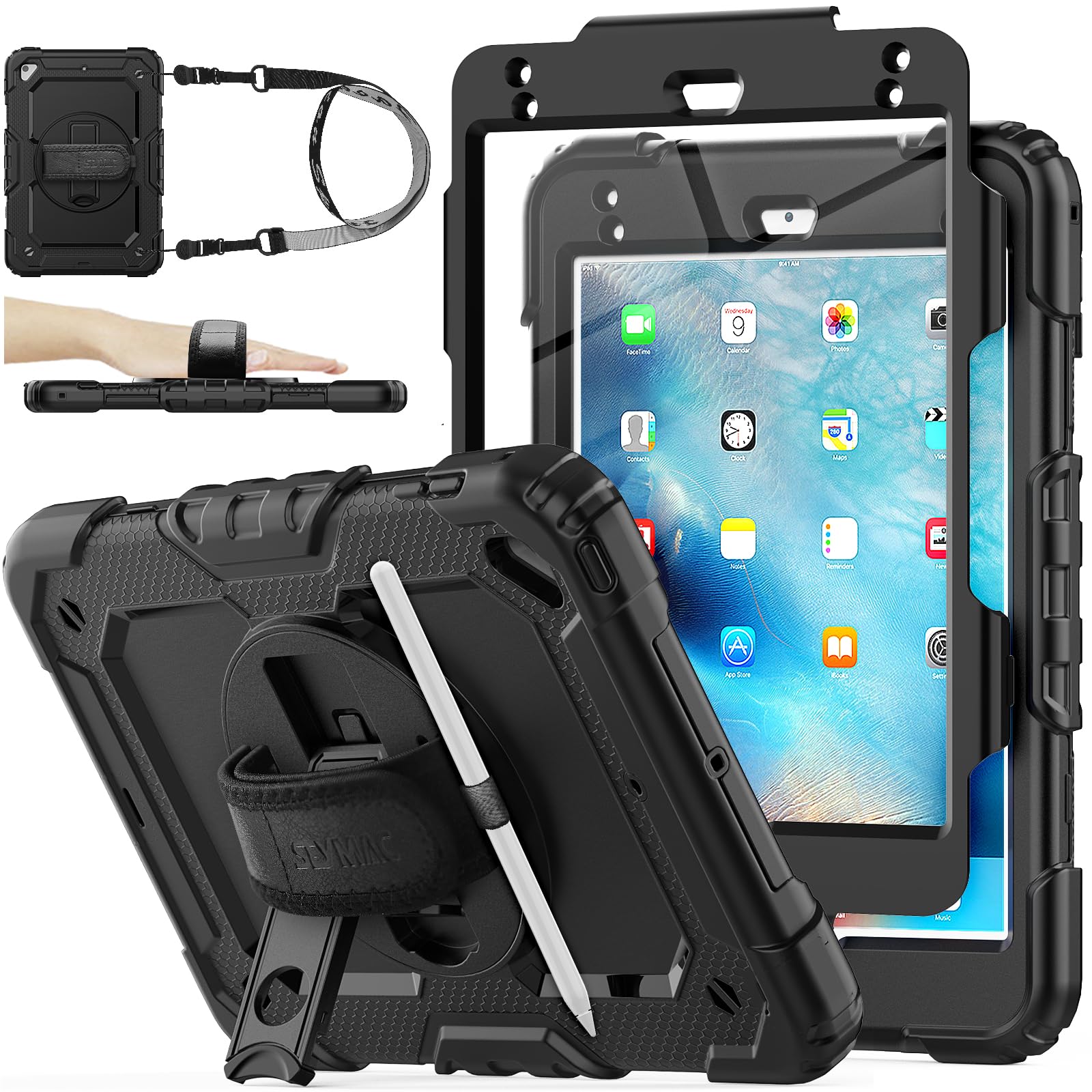 SEYMAC stock Case for iPad Mini 5th/4th Generation 7.9'', Full-body Protective Case with Screen Protector, Pencil Holder, 360° Rotating Stand & Hand Strap for iPad Mini 5/ Mini 4, Black