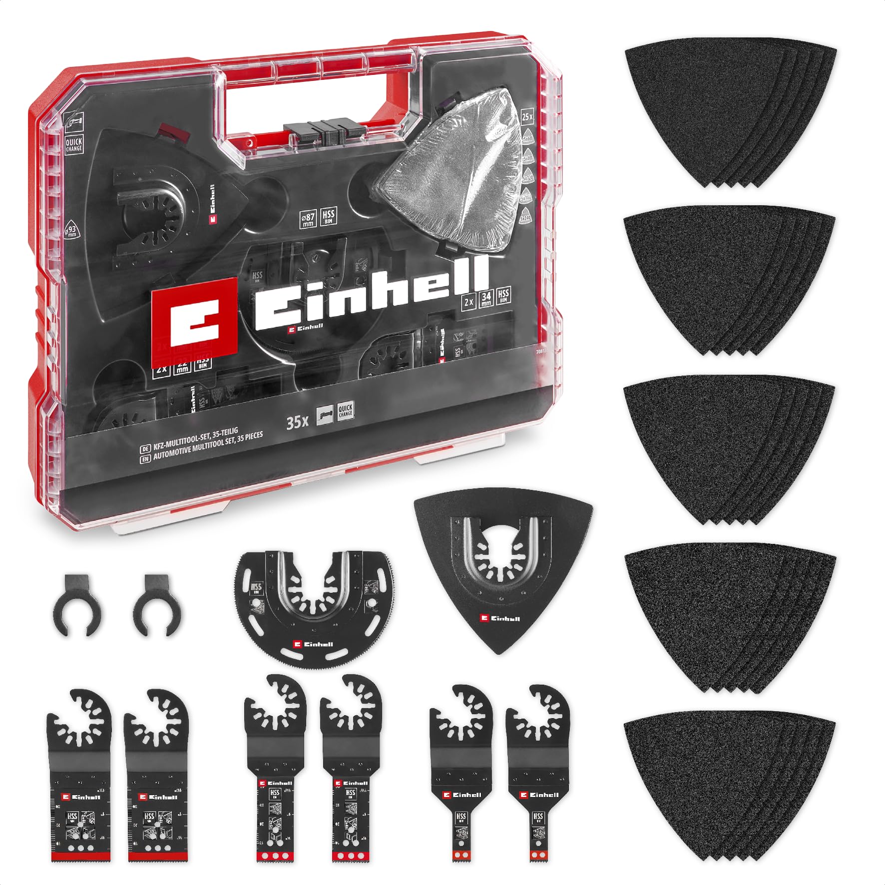 Original Einhell XL-PLUS-CASE 35-Piece Mechanics Multi-Tool Set (Bimetal Plunge-Cut Saw Blades, Bimetal Half-Round Saw Blade, Delta Backing Plate, Sandpaper for Metal, Dremel Adapter)