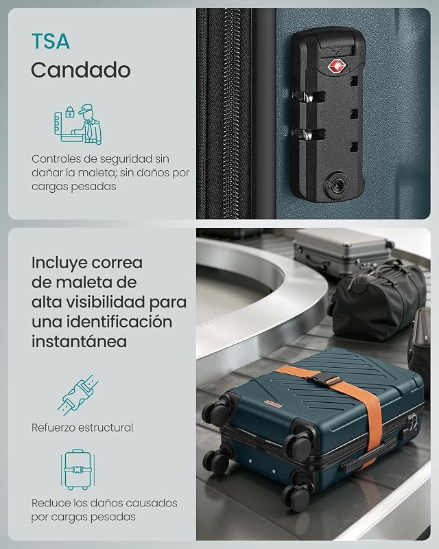 Maleta Cabina, Maleta Rígida de Viaje, Equipaje de Mano, Candado TSA, Correa Incluida, ABS, 4 Ruedas Dobles, Tamaño Cabina, M, 55 x 36 x 20 cm, Turquesa Pizarra RLP001C101