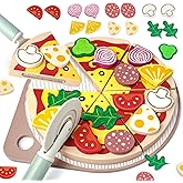 Masonbaby Wooden Pizza Toy Set, 25 Pcs Cutting Toys Kitchen Pretend Play Accessories, Pizza Playset for 3-5 Year Old Boys & Girls Birthday Gift