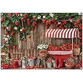 YCUCUEI 7x5ft Fabric Wooden Board Strawberry Backdrop Red Sweet Fruit Farm Market Stall Fence Photography Background Women Girls Birthday Party Decorations Photo Props