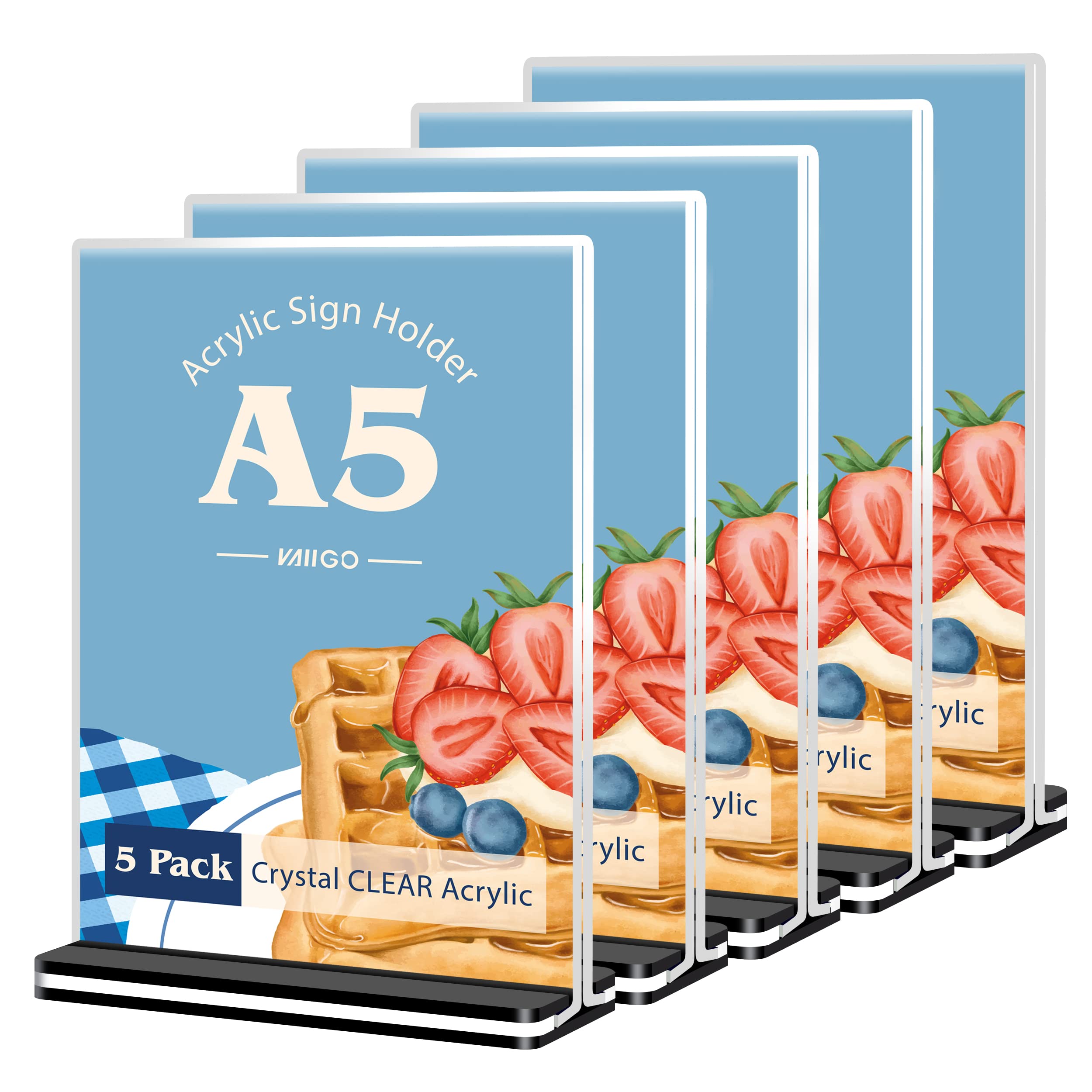 VAIIGO A5 Acrylic Sign Holder, Upright Poster Menu Holder T-Shaped Clear Sign Holder Double Sided Display Stand for Promotion, Leaflet, Exhibition, Picture, Document, Menu Wedding Etc (Black/5Pack)