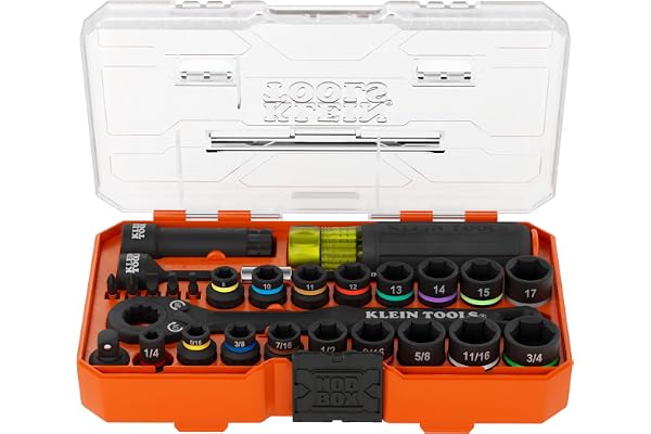 Klein Tools 65400KNECT KNECT Essential Pass Through Impact Socket Set, SAE and Metric, 90-Tooth Ratchet, MODbox Case, 3/8-Inc