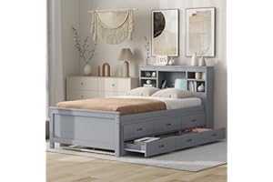 BELLEMAVE Twin Bed Frame with Bookcase Headboard and Charging Station, Wood Captain Bed with Trundle and Storage Drawers for Kids Boys Girls, Noise Free, No Box Spring Needed, Gray
