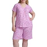 Karen Neuburger Women's [Plus Size] Short Sleeve Henley Top and Bermuda Short Set With Picot Trim
